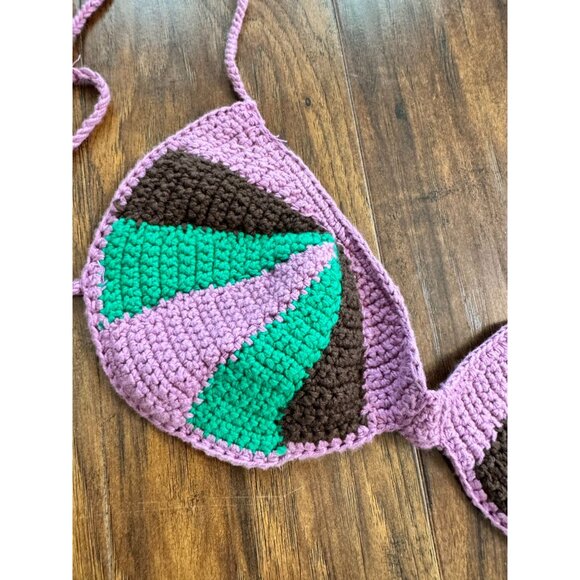 Crochet Bikini shirt Top With Tri-Color Design Purple Green & Brown Zara Sz Sm - Picture 6 of 6